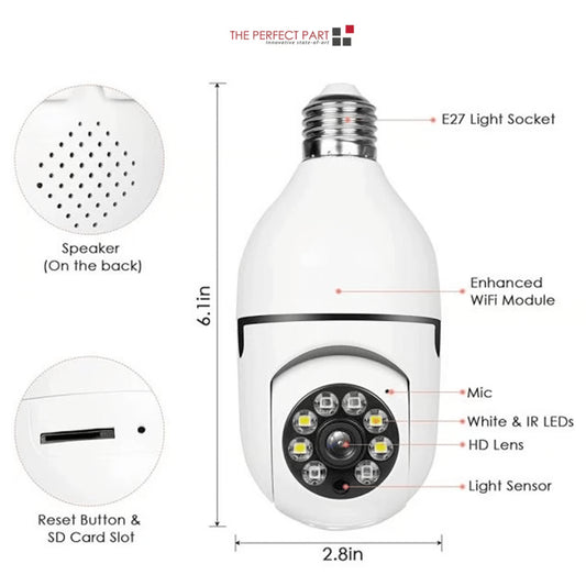 Light Bulb Camera Wi-Fi Smart Wireless Security, IR Night Vision with Motion Alerts, Two-Way Audio for Home Monitoring