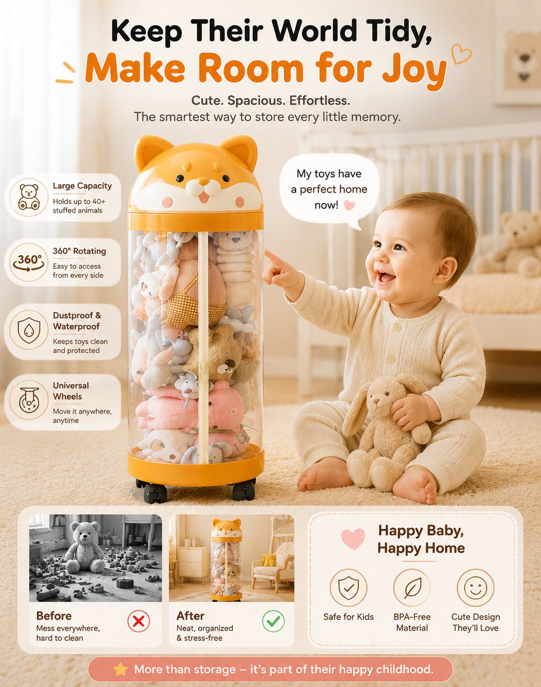 Cylindrical Doll Storage Box Toys Organization Plush Toy Storage Tube Transparent Plastic Stuffed Storage Barrel Toy Organizer