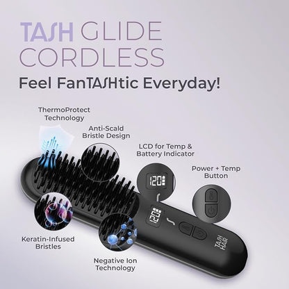 Tash Hair Glide Cordless Hair Straightening Brush | Naturally Straight, Shiny & Frizz-Free Look | 5 Heat Settings, Ceramic Bristles, Portable & Rechargeable Straightener Comb | 1 Year Warranty