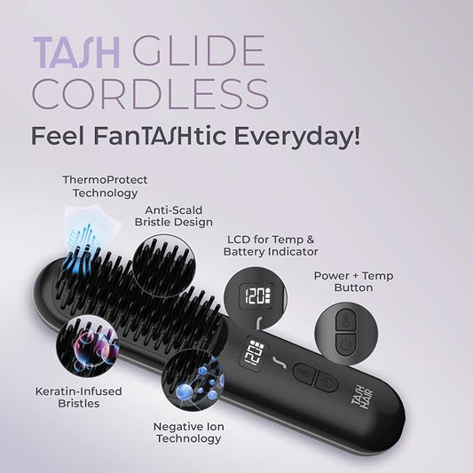 Tash Hair Glide Cordless Hair Straightening Brush | Naturally Straight, Shiny & Frizz-Free Look | 5 Heat Settings, Ceramic Bristles, Portable & Rechargeable Straightener Comb | 1 Year Warranty