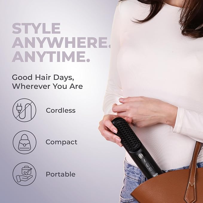 Tash Hair Glide Cordless Hair Straightening Brush | Naturally Straight, Shiny & Frizz-Free Look | 5 Heat Settings, Ceramic Bristles, Portable & Rechargeable Straightener Comb | 1 Year Warranty