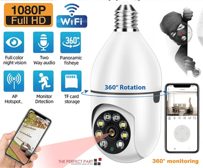 Light Bulb Camera Wi-Fi Smart Wireless Security, IR Night Vision with Motion Alerts, Two-Way Audio for Home Monitoring