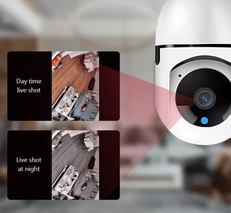Light Bulb Camera Wi-Fi Smart Wireless Security, IR Night Vision with Motion Alerts, Two-Way Audio for Home Monitoring
