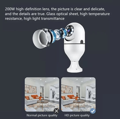 Light Bulb Camera Wi-Fi Smart Wireless Security, IR Night Vision with Motion Alerts, Two-Way Audio for Home Monitoring