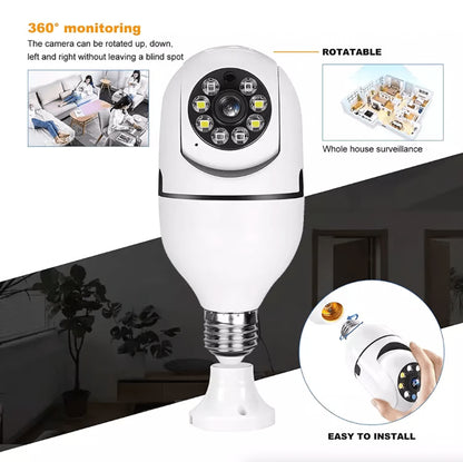 Light Bulb Camera Wi-Fi Smart Wireless Security, IR Night Vision with Motion Alerts, Two-Way Audio for Home Monitoring